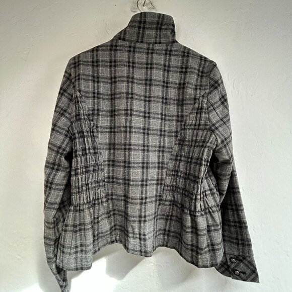 Lluii Womens Plaid Button-Front Wool Blend Jacket Gray Black Checkered Smocked - Picture 2 of 10